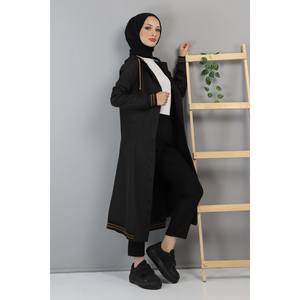 Manteau long à capuche côtelé pour femme, grande taille, en tissu tricoté, imprimé automne et décoré de boutons - Product Image 3