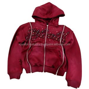 Sudadera con Capucha Personalizada con Bordado, 500 GSM, 100% Algodón, Felpa, Pedrería, Lavado Ácido, Cierre de Cremallera, Estilo Vintage para Hombre, Apliques, Ecológica y Transpirable - Product Image 5