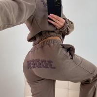 Conjunto Deportivo de Invierno para Mujer, con Pedrería, Estilo Vintage, Sudadera con Capucha y Pantalones, 2 Piezas, Casual, Lavado Ácido, Forro Polar, Impermeable, Ecológico, 3D