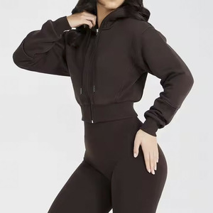 Logo personnalisé à manches longues haut court à capuche femmes broderie polaire vierge en gros épais décontracté coton recadrée fermeture éclair à capuche femmes - Product Image 5