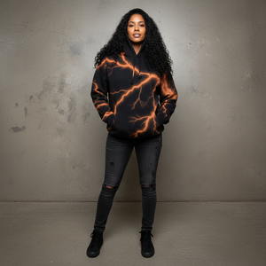 Vintage Y2K Style 3D Embroidery Black Bleach Dye Effect Rusty <b>Orange</b> Thunder Streetwear <b>Hoodie</b> <b>for</b> <b>Women</b> Breathable Eco-Friendly - Product Image 3