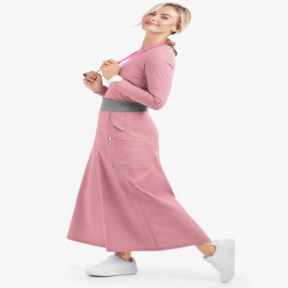 Womens Long Modest Medical Scrub Dress With Pockets Full Length Nursing Uniform