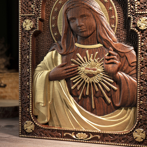 Arte Mural de Madera Hecho a Mano de la Virgen María, Tallado en Relieve de Corazón Radiante, Panel Decorativo para el Hogar - Product Image 5