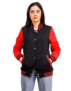 Vente en gros de veste universitaire de baseball de haute qualité brodée avec logo personnalisé veste de sport à col montant de couleur noir et rouge pour femmes - Product Image 1
