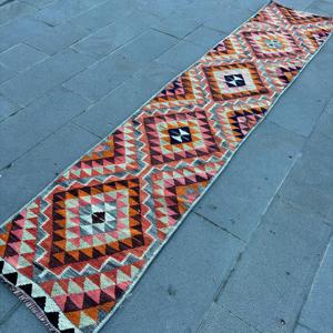 Turkish Vintage <b>Rug</b>, 2.2x10.4 ft <b>Runner</b> <b>Rug</b>, Orange Pink Ikat <b>Rug</b> - Product Image 2