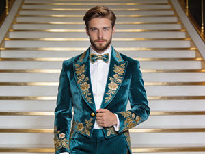 Costume en velours noir pour homme avec broderie dorée, veste de smoking et pantalon pour réception de mariage - Product Image 4