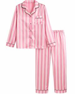 Conjunto de Pijama de Seda Satén a Rayas Rosas para Mujer, Fabricante, Botones, Manga Larga, Ropa de Dormir, Ropa de Casa de Lujo Suave - Product Image 1