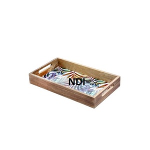 Plateau de service en bois petit déjeuner collations plateau de service avec émail intérieur fini qualité Standard thé café verre rustique - Product Image 1