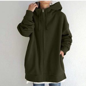 Sweat-shirt à capuche gris avec fermeture éclair pour femme, veste en polaire pleine grandeur, nouvelles poches, décontracté - Product Image 5