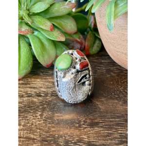 Bague Aigle Navajo Faite à la Main, Pierre Naturelle Multi-Striée et Argent Sterling Plaqué Or 18K, Sertissage Bezel, Taille 11.5, Cadeau - Product Image 1