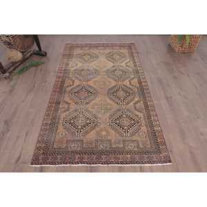 3.5x6.46 ft Accent Vintage Rug, Turkish Rug, <b>Brown</b> Red Ikat <b>Wool</b> Rug - Product Image 1