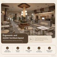 Ensemble de mobilier de café minimaliste et chaleureux avec éclairage mural circulaire en laiton, chaise en métal, et package clé en main pour la conception intérieure d'un café.