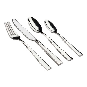 Ensemble de couverts cuillère, couteau et fourchette en acier inoxydable argenté poli, design plat unique et élégant, manche long - Product Image 1