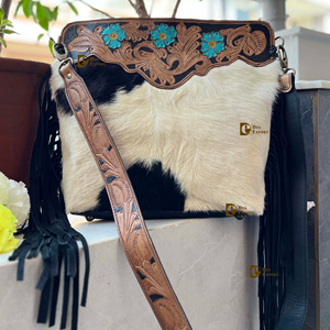 Turquoise bohème sac à bandoulière pour femmes nouveau Design usiné à la main véritable peau de vache fermeture à glissière frange sac à main - Product Image 1