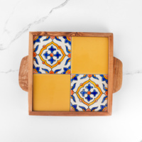 Plateau ottoman carré en céramique moderne avec finition bois d'olivier 8,66"x8,66" ArtisRaw, logo personnalisé, fabriqué au TN pour une décoration élégante de table basse