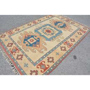 Alfombra Kilim turca Vintage Beige azul 5,8x8,4 pies patrón de retazos de lana respaldo de látex para decoración para sala de estar para adolescentes tamaño 9x12 - Product Image 2