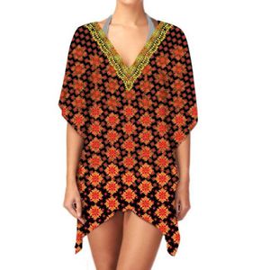Robe caftan courte col en V pour femmes élégantes impression numérique en tissu léger respirant pour vêtements de plage d'été et vêtements quotidiens - Product Image 4