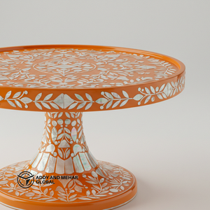 Artisan Orange Mother of Pearl Cake Stand Pedestal de madera hecho a mano para pasteles y golosinas - Product Image 2