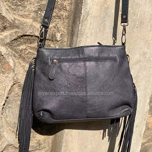 Handmade Women Leather Tote Bag Crossbody Leather Bag Made of Natural Cowhide Hairon Cow Suede Fringes Hand Tooled Patch OEM - Product Image 5