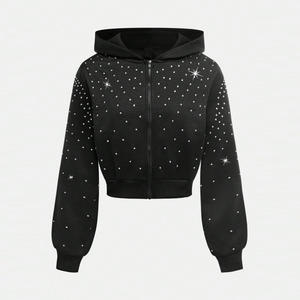 Trendy Stylish Rhinestone <b>Hoodies</b> High Quality <b>Zip</b> <b>up</b> Hoodie Fashion Crop Bling Bling Rhinestone Hoodie for Women OEM supplier - Product Image 5