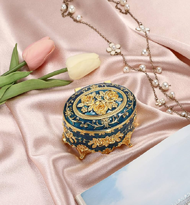 กล่องโลหะนกยูงสีฟ้าทรงสี่เหลี่ยมผืนผ้าพร้อมกุหลาบสีทองหรูหราและแถบเลื่อนบรรเทาที่เท้า/ฝามีจำหน่ายในราคาขายส่ง - Product Image 6