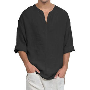 Cotton Linen V-neck <b>Long</b> <b>Sleeve</b> T-shirt for <b>Men</b> Casual Solid Color Lightweight Breathable Cozy <b>Tops</b> Male Fashion Tees - Product Image 3
