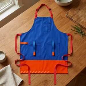 Blue Cotton Bib <b>Apron</b> Multiple Pockets Water Resistant Fashionable Cooking Daily Use Simple Style Woven Fabric Red Trim Orange - Product Image 1