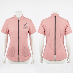 Chaqueta de Barbería para Mujer, 180 GSM, Polialgodón, Color Rosa Melocotón, Diseño con Panel de Malla y Bolsillos, Bordado Personalizado, Impresión con Transferencia de Calor, Logotipo - Product Image 1