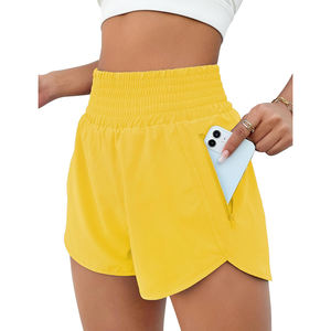 Pantalones cortos para mujer Pantalones cortos atléticos de cintura alta Pantalones cortos elásticos impermeables para gimnasio y entrenamiento con bolsillo para correr y Deportes - Product Image 1