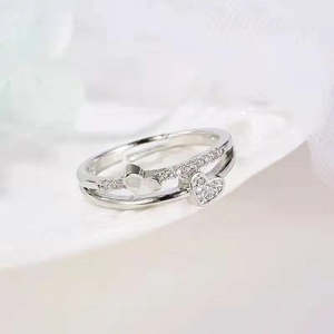 Bague romantique en argent pur AD, micro-pavé Cœurs d'amour, taille ajustable, bijou tendance en cuivre avec grappe simple - Product Image 2