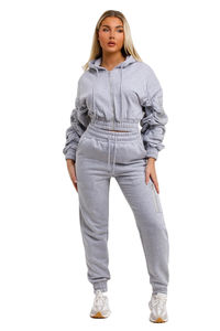 Vente en gros d'ensemble 2 pièces personnalisé ensemble de survêtement pour femmes avec manches froncées surdimensionnées et 100% coton ensemble de survêtement jogger 2 pièces pour femmes - Product Image 2