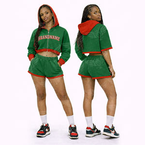 Conjunto de Sudadera Corta y Pantalones Cortos Rojos para Mujer, Venta al Por Mayor 2026, Ropa Deportiva de Dos Piezas con Capucha en Contraste Gris - Product Image 6