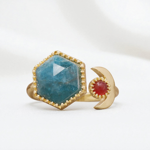 Anillo ajustable de piedras preciosas de apatita azul hexagonal de diseñador-Anillo De Luna Vermeil de oro plateado 925-Anillos al por mayor de piedras preciosas para fiesta - Product Image 1