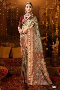 Sari en tissu moderne pour femme avec bordure en jacquard et pallu doré brillant pour la collection de fêtes - Product Image 4