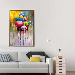 Obra de arte moderna impresa en lienzo: Sombrillas vibrantes en diseño de arte en vidrio, lienzo con marco dorado - Product Image 1