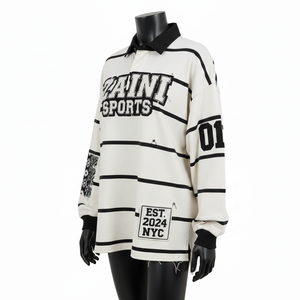 <b>Men</b> Rugby <b>Shirt</b> Heavyweight Cotton Jersey 240 GSM Black White <b>Stripe</b> Panel Design Embroidery Print Custom Logo moisture wicking - Product Image 3
