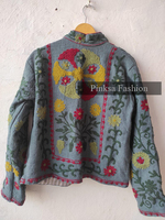 Veste universitaire en velours tricoté brodé à la machine, coton écologique respirant, textile indien de luxe pour femmes |   Hiver