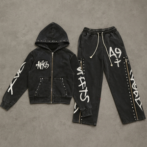 Fabricants de vêtements personnalisés, streetwear, patch, Asidwash, effet délavé, rivets, fermeture éclair, ensemble sweat-shirt et pantalon de survêtement, survêtement - Product Image 1