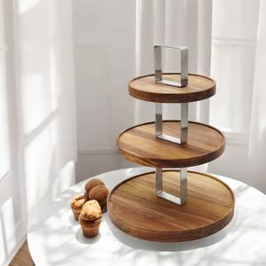 Support de service en bois à trois niveaux de qualité supérieure avec poignée en acier inoxydable, design moderne, idéal pour les desserts, les collations et la décoration de table - Product Image 1