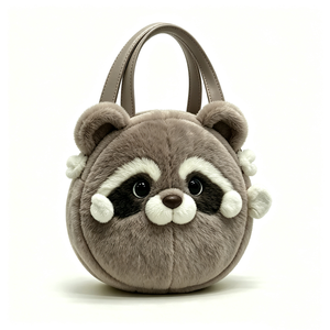 Bolso de mano personalizado con forma de animal de peluche, bolso redondo de peluche de mapache gris, bolso de hombro de peluche de mapache suave - Product Image 4