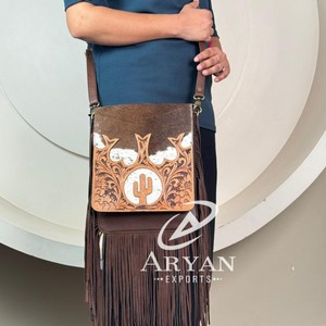 <b>Large</b> Capacity 2025 Hand Tooled Cowhide Leather Crossbody Cactus Fringe Bags Luxury Designer Genuine Leather Purses for Women's - Product Image 1