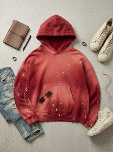 Custom <b>Men's</b> Crimson <b>Red</b> Washed Fleece Hoodie Oversized Distressed Paint Pullover Streetwear <b>Sweatshirt</b> OEM ODM - Product Image 5