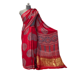 Aruna Mandala Ajrakh Handwoven Cotton Silk Sari Banarasi Indian Soft Sari for Festival Party Wear Hand Drawn Heavy Georgette - Product Image 2