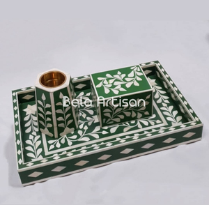 Ensemble de brûleurs Bakhoor en incrustation d'os vert fabriqués à la main plateau rectangulaire floral avec bol en laiton et boîte de rangement pour la décoration intérieure - Product Image 6
