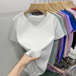 T-shirts de haute qualité pour l'été, logo personnalisé, coton, vêtements décontractés, manches courtes, col en V, chemise unie pour femmes - Product Image 2