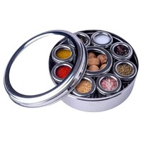 Boîte Masala ronde en métal argenté avec contenants séparés Organisateur traditionnel de stockage d'épices pour cuisine indienne