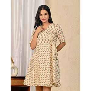 Casual for Cream Butta Cotton Printed Wrap <b>Dress</b> Large Size Knee-Length Diamond <b>Ruffle</b> Decor Formal Style One Size Fits <b>All</b> - Product Image 1