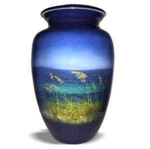Urnes de crémation adultes en aluminium de thème de plage classique avec les urnes funéraires en métal de finition bleue pour les cendres humaines. - Product Image 1