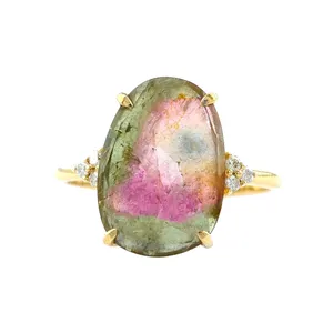Watermelon Tourmaline Gemstone Ring 14K Solid Gold mix color tourmaline Diamond Ring Handmade Gold Jewelry From Indian Supplier