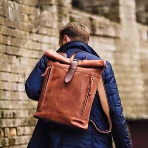 Leather Backpack Roll <b>Top</b> Backpack Men Roll Up School Christmas Gift LRTB-0030 - Product Image 5